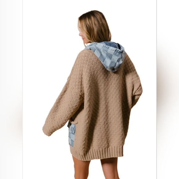 BIBI Cable Knit & Checkered Denim Zip Up Cardigan in Latte/Denim. Sz M. NWT - Picture 5 of 7